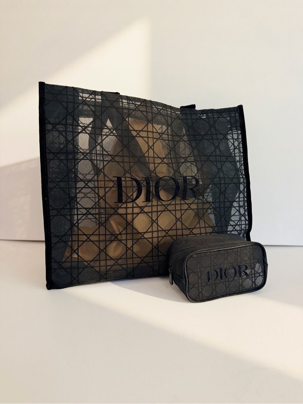 Dior Black Mesh Logo Tote with Matching Black Pouch